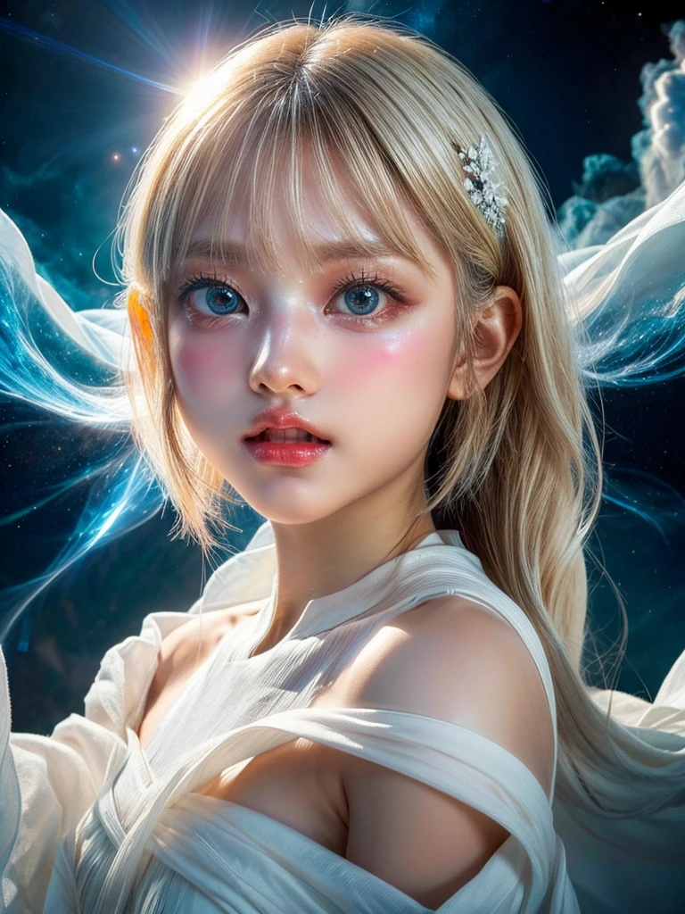 4K Ultra HD, masterpiece, A girl with a magical aura, Nice face, Long Hair, Shiny Hair, Fine grain, Glossy lips, Nude 1.5, Aura around the body, Magical Effects, Spreading white light, Cosmic elements and ethereal atmosphere, A mix of bright lights and colorful nebulae, Space Background,, Full Body Capture.(((Whitening 1.5)))、Blonde Hair、(((Wearing white cloth 1.5)))、Hair and fabric fluttering in the wind、、Full Body Shot、Open your mouth、(((1.5)))、