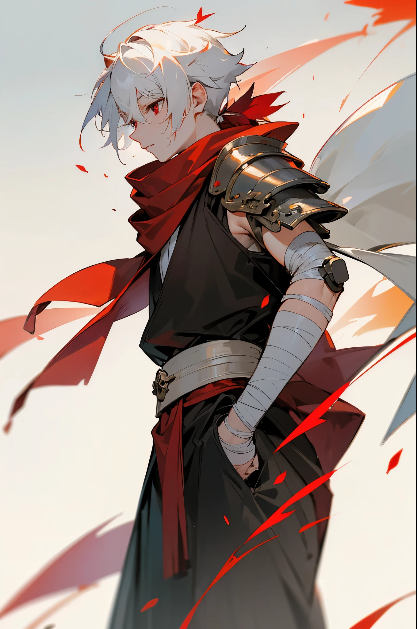 (Masterpiece), (Best Quality), Realistic, Cinematic Light, Maple Manyo in Genshin, Cool Pose, (White Hair, Short White Hair, Red Eyes), Low Ponytail, A strand of Red Hair, Bandage Gauntlet, Unilateral Shoulder Armor, Black and White Robe, Red Tassel Decoration, Red Scarf Fluttering, Red Maple Leaf Flying, Cyan Long Sword,arms in pockets