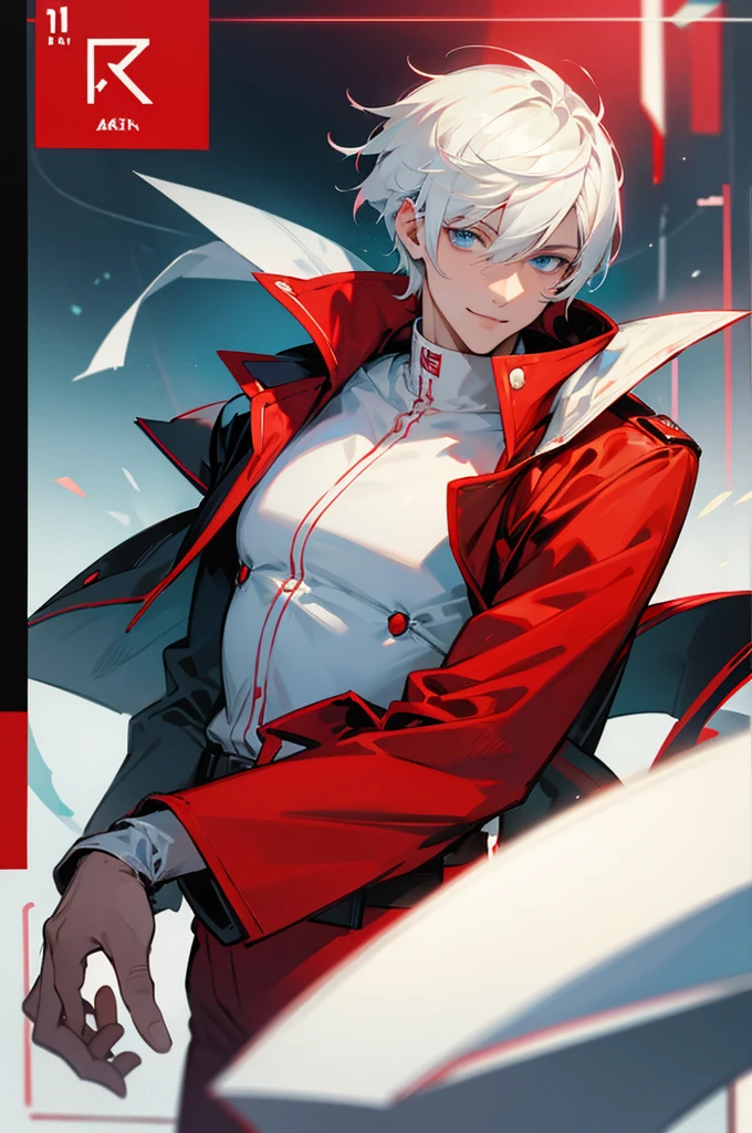 Handsome, solo, 1 male, short hair, white hair, red highlight at hair tips, light blue eyes, white and red clothes, smile facial, futuristic, cyberpunk, cards, dices, gambler