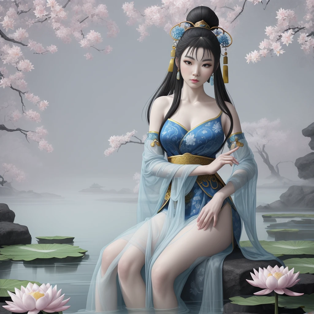 An ancient Chinese beauty sits upon a stone, adorned in traditional attire with flowing blue tulle and delicate silk. Her pose is relaxed amidst the grand lotus leaves and blossoms. The scene is captured in the style of an ink painting, characterized by clean colors, bold strokes, ample white space, and freehand technique—a true masterpiece of superlative detail, epic composition, and the highest quality, rendered in 4K resolution.