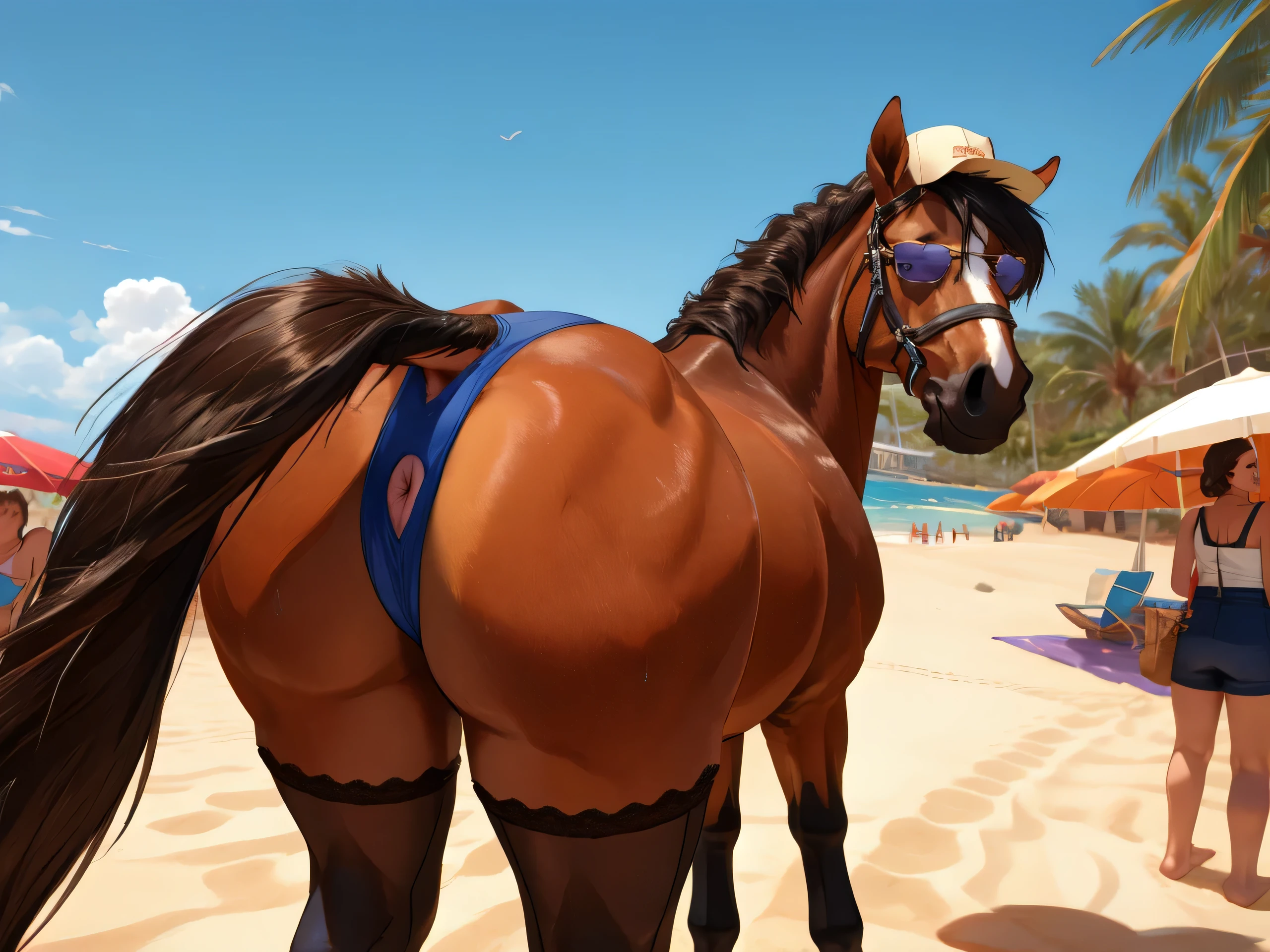 NSFW (nude) (Nami ((human)) large breasts, strip of pubic hair) rear view, vaginal penetration from behind, fucking male furry horse with horse penis, full body, on a deserted beach