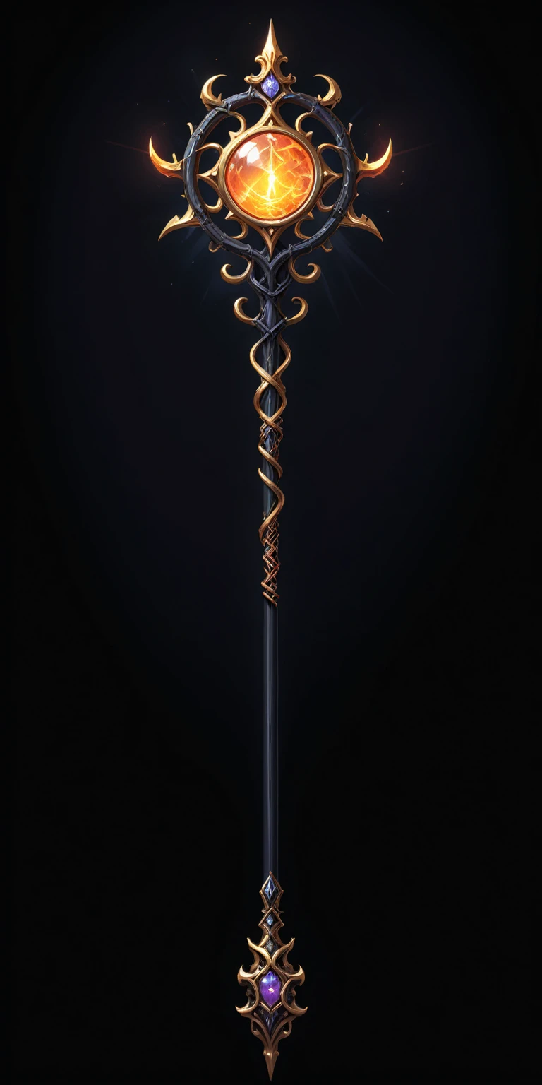 pixel art, cartoon illustration, Divine glavie greatstaff, Powerfull Magical theme, simple black background, RPG game icon 