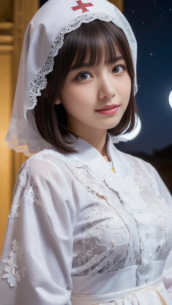 (A Ultra cute young Japanese nun:1.75), (She has clown:1.75),(she wearing a decorated with lace nun costume slim fit:2.0),(beautiful detailed eyes:2.0),beautiful detailed lips, (extremely detailed cute face:2.0), longeyelashes, (slender woman body:2.0), (beautiful short hair:2.0), (natural makeup,big smile:1.5), incredibly beautiful skin,(professional lighting, bright lighting, photorealistic, 8k, high resolution, best quality, masterpiece, ultra-detailed:1.75), vivid colors, (Moonlit Night:1.5),(The moonlight shines on her face:1.2),(She is in the church:1.2)