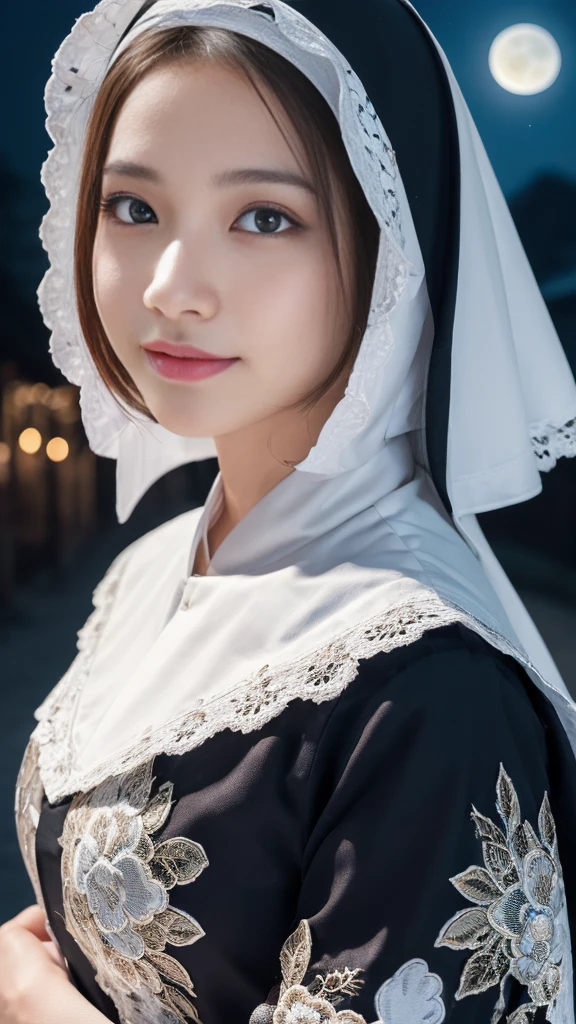 (A Ultra cute young Japanese nun:1.75), (She has clown:1.75),(she wearing a decorated with lace nun costume slim fit:2.0),(beautiful detailed eyes:2.0),beautiful detailed lips, (extremely detailed cute face:2.0), longeyelashes, (slender woman body:2.0), (beautiful short hair:2.0), (natural makeup,big smile:1.5), incredibly beautiful skin,(professional lighting, bright lighting, photorealistic, 8k, high resolution, best quality, masterpiece, ultra-detailed:1.75), vivid colors, (Moonlit Night:1.5),(The moonlight shines on her face:1.2),(She is in the church:1.2)