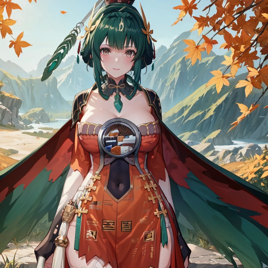 A woman wearing a green dress with white details, green hair, orange eyes, walking on a staircase from a high point of a large Chinese rocky mountain, some trees with orange autumn leaves, leaves falling mist in place, smiling.HDR, ultra resolution, well defined, masterpiece, 8K HD. (solo woman),.(solo woman),flower, UHD, masterpiece, accurate, anatomically correct, textured skin, super detail, high quality, best quality, 8k, high resolution, bokeh effect.
