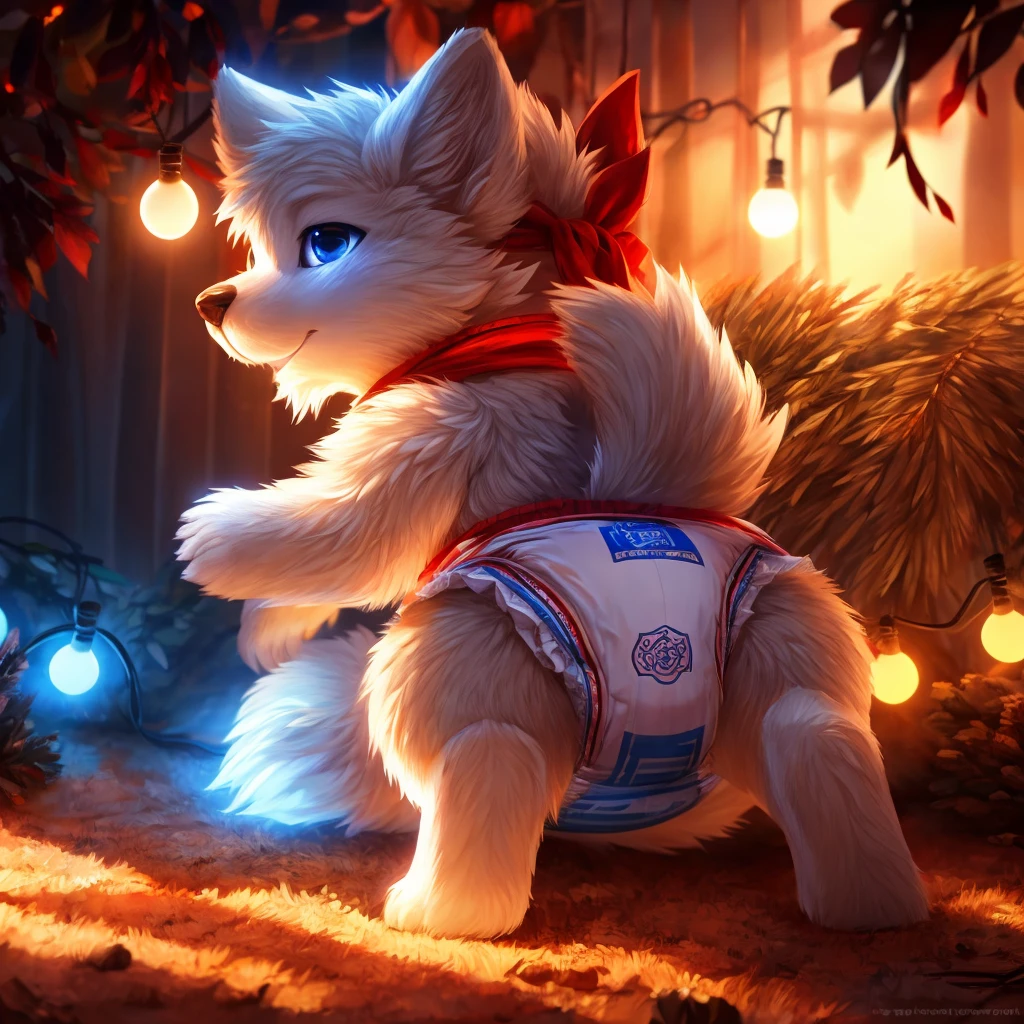 furry, white fur, ultra cute face, red elements on fur, glowing t-shrt, beautiful lights and shadows, ambient light, ultra detailed fur, volumetric light, diaper