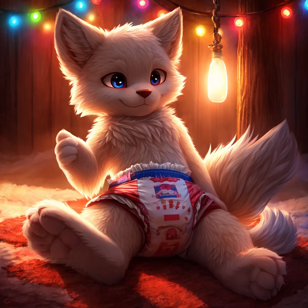 furry, white fur, ultra cute face, red elements on fur, glowing t-shrt, beautiful lights and shadows, ambient light, ultra detailed fur, volumetric light, diaper