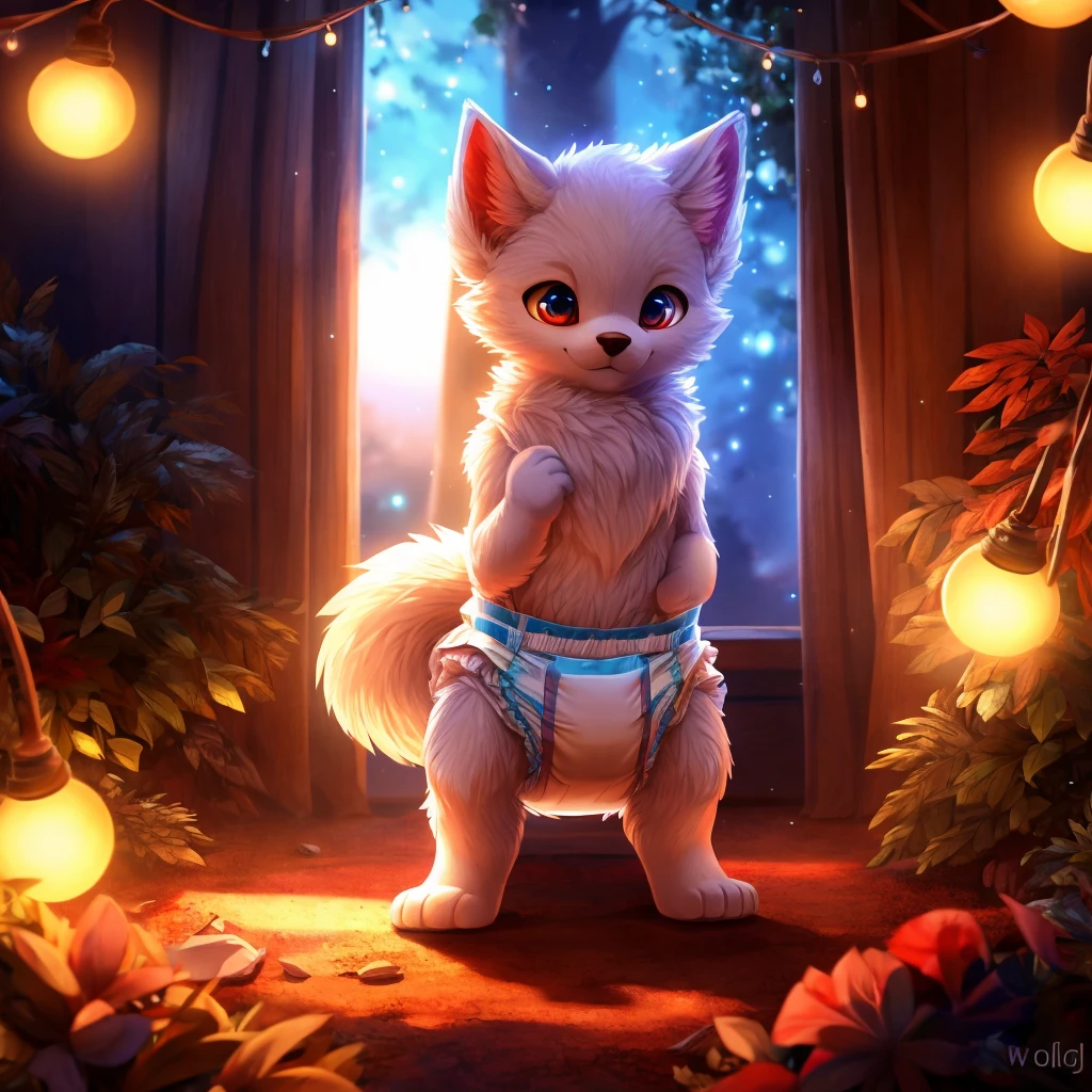 furry, white fur, ultra cute face, red elements on fur, glowing t-shrt, beautiful lights and shadows, ambient light, ultra detailed fur, volumetric light, diaper