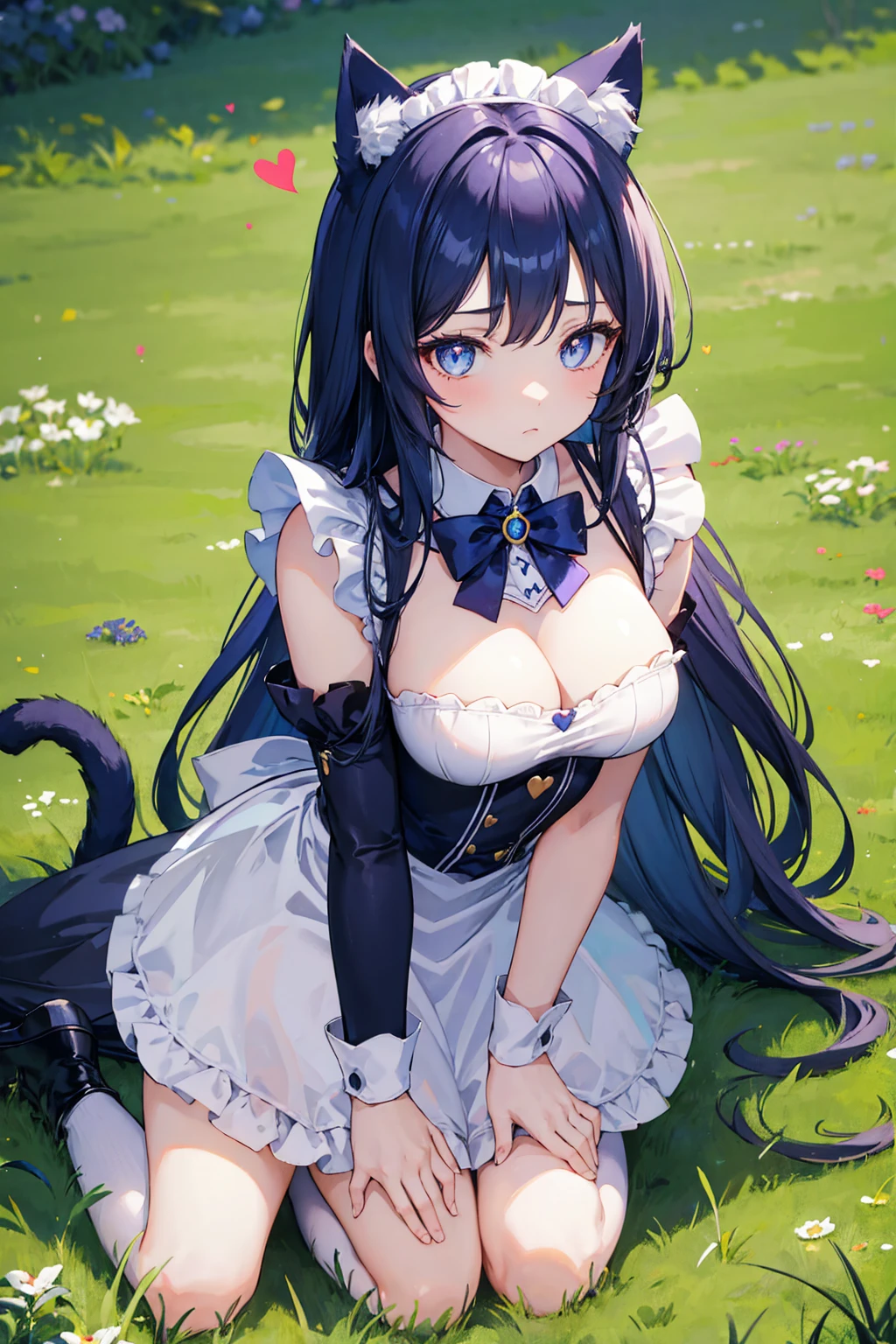 Girl,Cat ear,Tail,Blue long hair,Kneeling,Lean forward,shy,Heart-shaped pupil,Grass background,Maid costume,masterpiece,Ultra-clear,8K,Ultra Detail