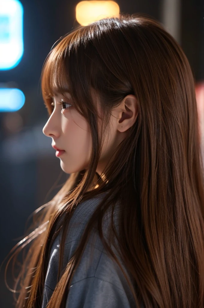 Smooth long hair、 profile、 Glowing hair、Brown Hair、