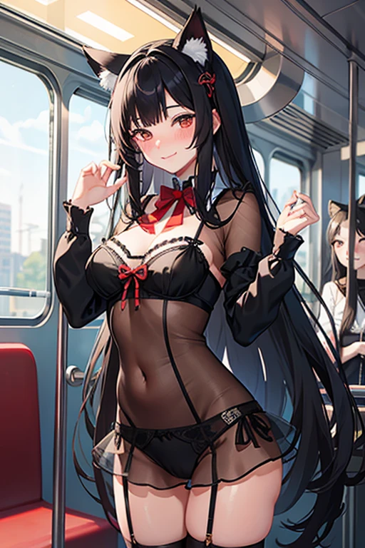 18 yeas old, girl, black hair, long hair, slim, big tits, narrow red eyes, cute, cat ears, (embarrassed, blush:1.2), (ecstasy:1.3), (think:1.6), (smile:1.5), sailor uniform, See-through, ribbon, fishnet, garter belt, frills, Kneesocks, high heels, blue rose, headdress, frontal, standing, crowd, centet of attention, inside the train,