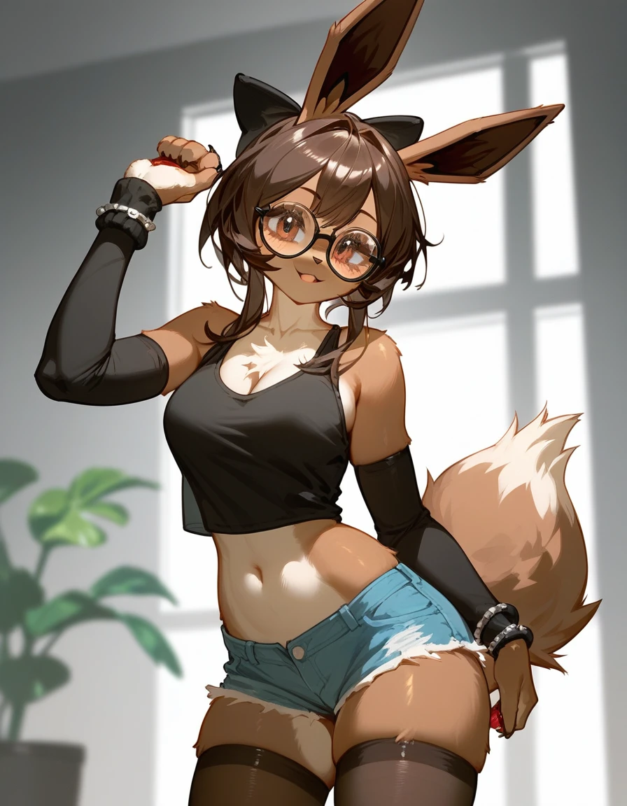 Solo, score_9,score_8_up,score_7_up, an Anthro furry female eevee pokemon, brown eyes, short brown hair, little bow in her hair, tall slender body, wearing black tank top, nerdy glasses, black arm warmers, jean shorts, black thigh highs with exposed toes, 4 toes, feet paws,