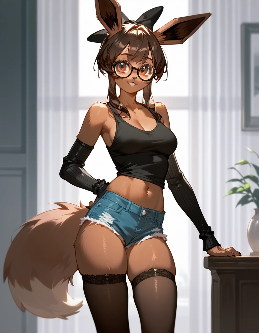 Solo, score_9,score_8_up,score_7_up, an Anthro furry female eevee pokemon, brown eyes, short brown hair, little bow in her hair, tall slender body, wearing black tank top, nerdy glasses, black arm warmers, jean shorts, black thigh highs with exposed toes, 4 toes, feet paws,