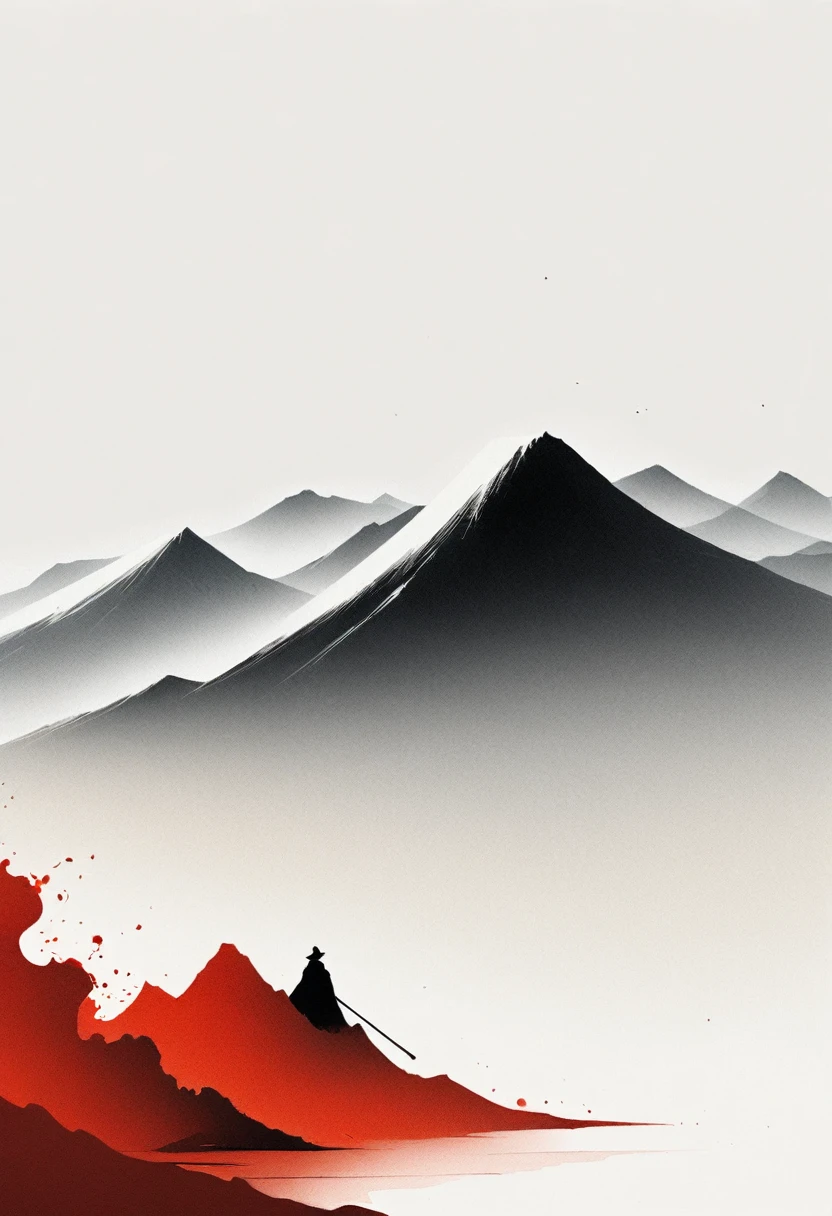 Artistic ink painting，Three-dimensional ink painting，Minimalism，Minimalist graphics，Minimal Art，Clean background，古韵White Space，White Space，大面积White Space，Texture Matte，Low saturation，Minimalist composition，Master composition。Mountain，A person far away