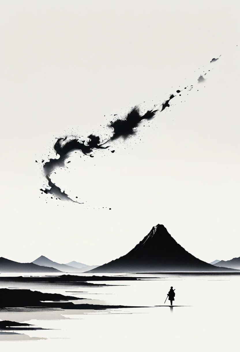 Artistic ink painting，Three-dimensional ink painting，Minimalism，Minimalist graphics，Minimal Art，Clean background，古韵White Space，White Space，大面积White Space，Texture Matte，Low saturation，Minimalist composition，Master composition。Mountain，A person far away