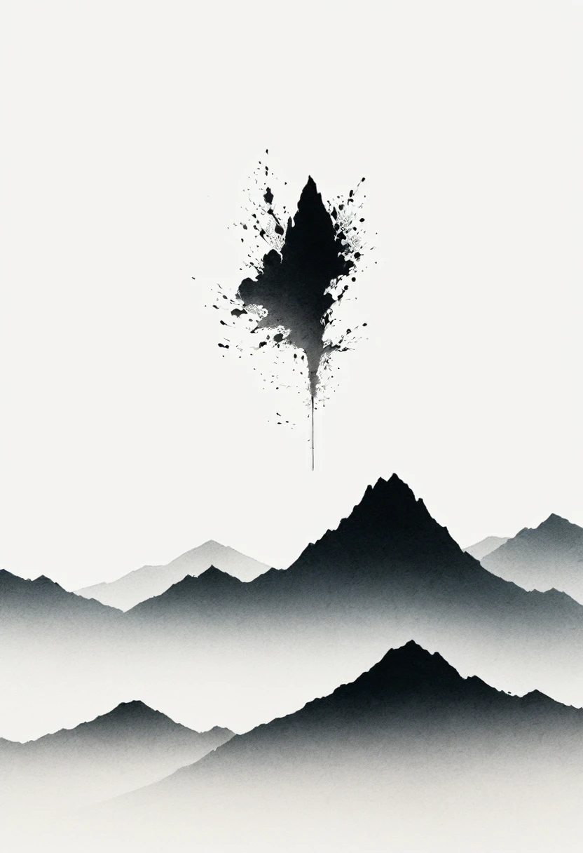 Artistic ink painting,Three-dimensional ink painting,Minimalism,Minimalist graphics,Minimal Art,Clean background,古韵White Space,White Space,大面积White Space,Texture Matte,Low saturation,Minimalist composition,Master composition。Mountain,A person far away