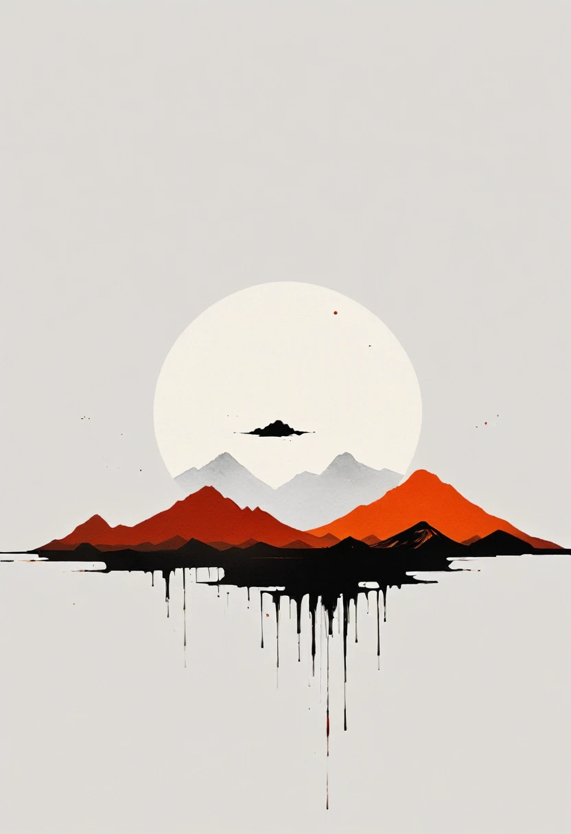Artistic ink painting,Three-dimensional ink painting,Minimalism,Minimalist graphics,Minimal Art,Clean background,古韵White Space,White Space,大面积White Space,Texture Matte,Low saturation,Minimalist composition,Master composition。Mountain,A person far away