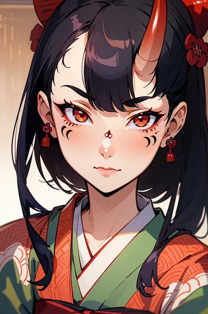 best quality,masterpiece,intricate details:1.2,beautiful face,ukiyoe,1girl,a girl in patterned kimono,look at viewer:1.3,face tattoo:1.2,small oni horn