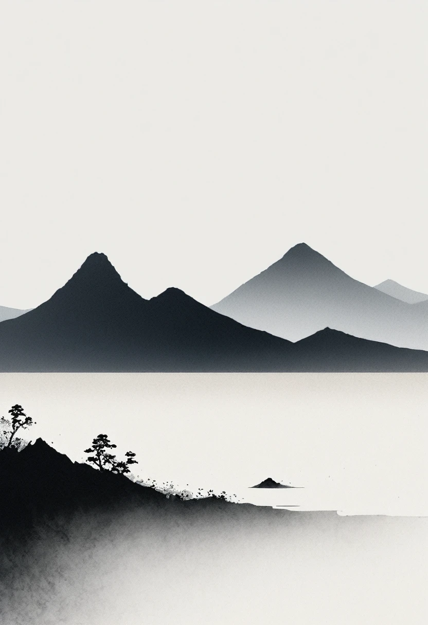 Artistic ink painting,Three-dimensional ink painting,Minimalism,Minimalist graphics,Minimal Art,Clean background,古韵White Space,White Space,大面积White Space,Texture Matte,Low saturation,Minimalist composition,Master composition。Mountain,A person far away