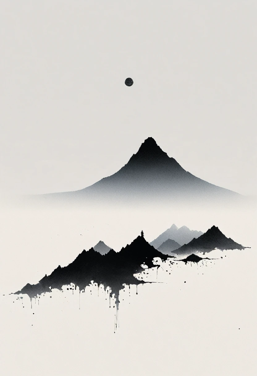 Artistic ink painting,Three-dimensional ink painting,Minimalism,Minimalist graphics,Minimal Art,Clean background,古韵White Space,White Space,大面积White Space,Texture Matte,Low saturation,Minimalist composition,Master composition。Mountain,A person far away
