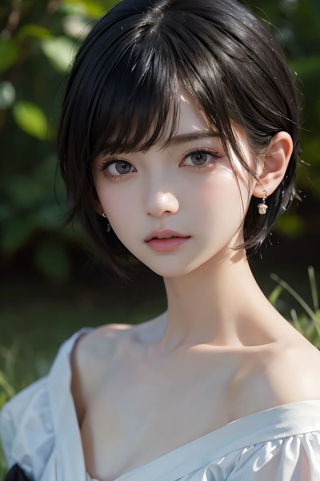 (((Black Short Hair))), (grassland), Seductive pose, 背景がgrassland、Image from chest up:1.6)、Close-up portrait of a woman wearing a white off-the-shoulder top dress and earrings, Soft portrait shot 8k, Nice delicate face, High-quality 4K portraits, High-quality portraits, Soft, perfect, pale skin, 8K Highly Detailed Face, なbeautiful繊細な顔, beautiful光の大きな目, Beautiful and realistic face, beautiful14Old woman, Beautiful and realistic face, cute14Old woman