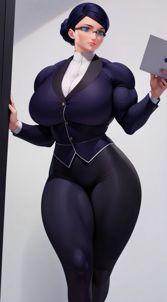 a muscular female bodybuilder in office suit, detailed face, beautiful detailed eyes, beautiful detailed lips, extremely detailed face and muscles, long eyelashes, strong muscles bulging through suit, dynamic pose, professional studio lighting, hyperrealistic, 8k, high quality, photorealistic, physically-based rendering, concept art, dramatic color palette