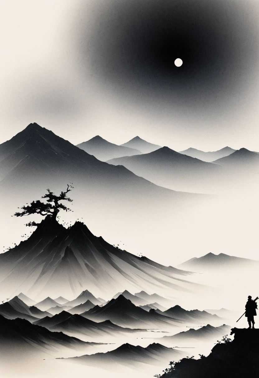 Artistic ink painting,Three-dimensional ink painting,Minimalism,Minimalist graphics,Minimal Art,Clean background,古韵White Space,White Space,大面积White Space,Texture Matte,Low saturation,Minimalist composition,Master composition。Mountain,A person far away