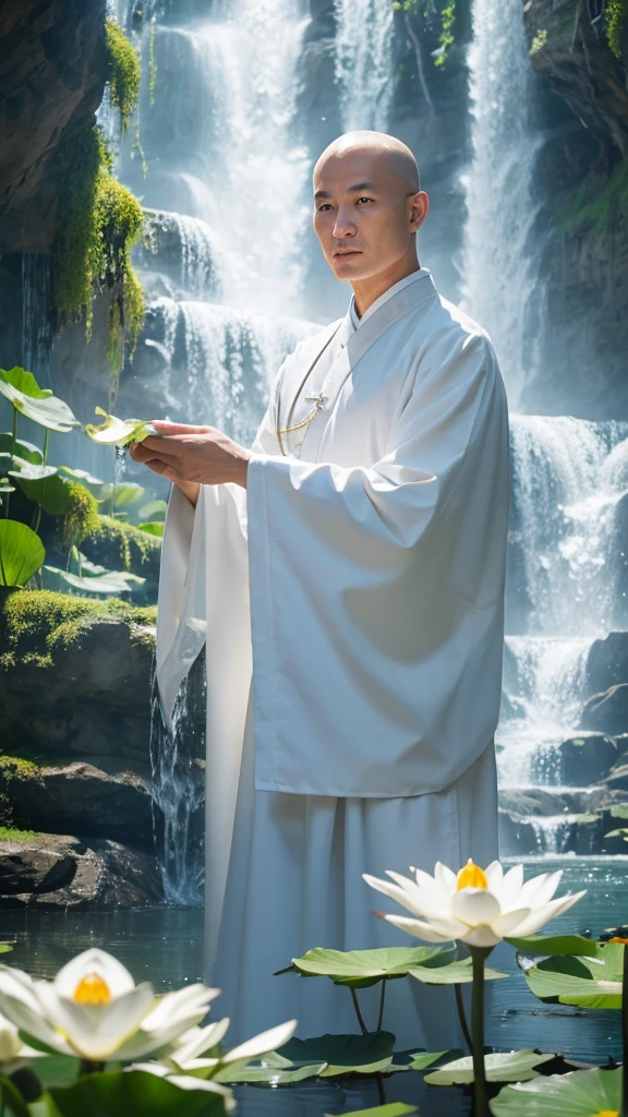 Very detailedフィルム水と海のパレット, A bald-headed monk in white Chinese clothing standing by the water, Giant green snake, Giant white lotus flower, Very high waterfall, Exquisite facial details, Spotlight, Perfect composition, Surreal, Super detailed, 8k, high quality, Clear focus, Intricate details, Very detailed, Dynamic Lighting, Detailed and complex environment,