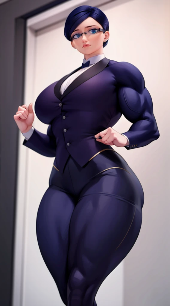 a muscular female bodybuilder in office suit, detailed face, beautiful detailed eyes, beautiful detailed lips, extremely detailed face and muscles, long eyelashes, strong muscles bulging through suit, dynamic pose, professional studio lighting, hyperrealistic, 8k, high quality, photorealistic, physically-based rendering, concept art, dramatic color palette