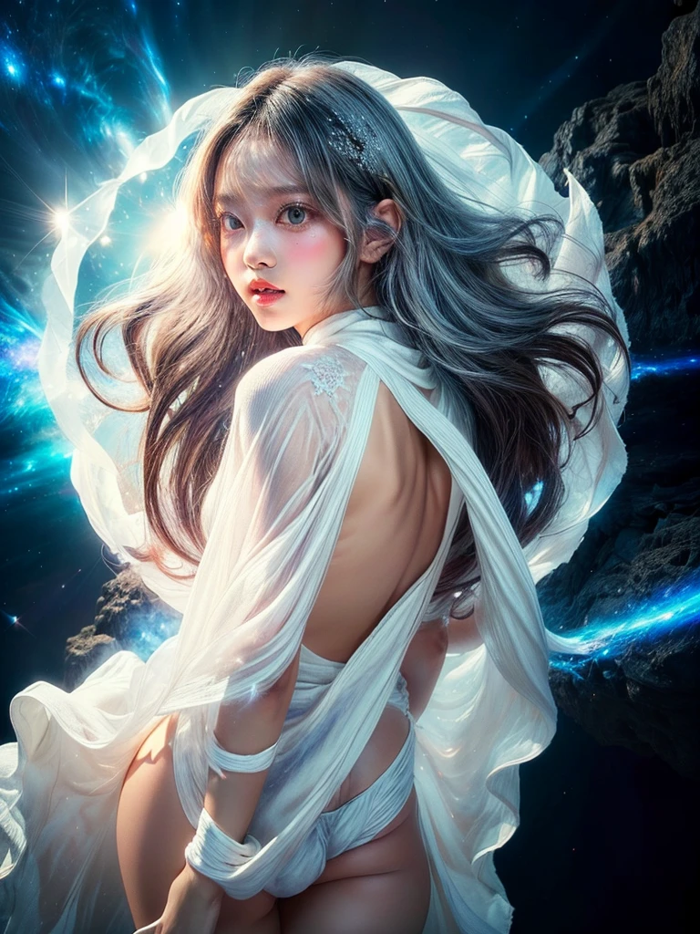 4K Ultra HD, masterpiece, A girl with a magical aura, Nice face, Long Hair, Shiny Hair, Fine grain, Glossy lips,  1.5, Aura around the body, Magical Effects, Spreading white light, Cosmic elements and ethereal atmosphere, A mix of bright lights and colorful nebulae, Space Background,, Full Body Capture.(((Whitening 1.5)))、Silver Hair、(((Wearing white cloth 1.5)))、Hair and fabric fluttering in the wind、、Full Body Shot、Open your mouth、(((1.5)))、