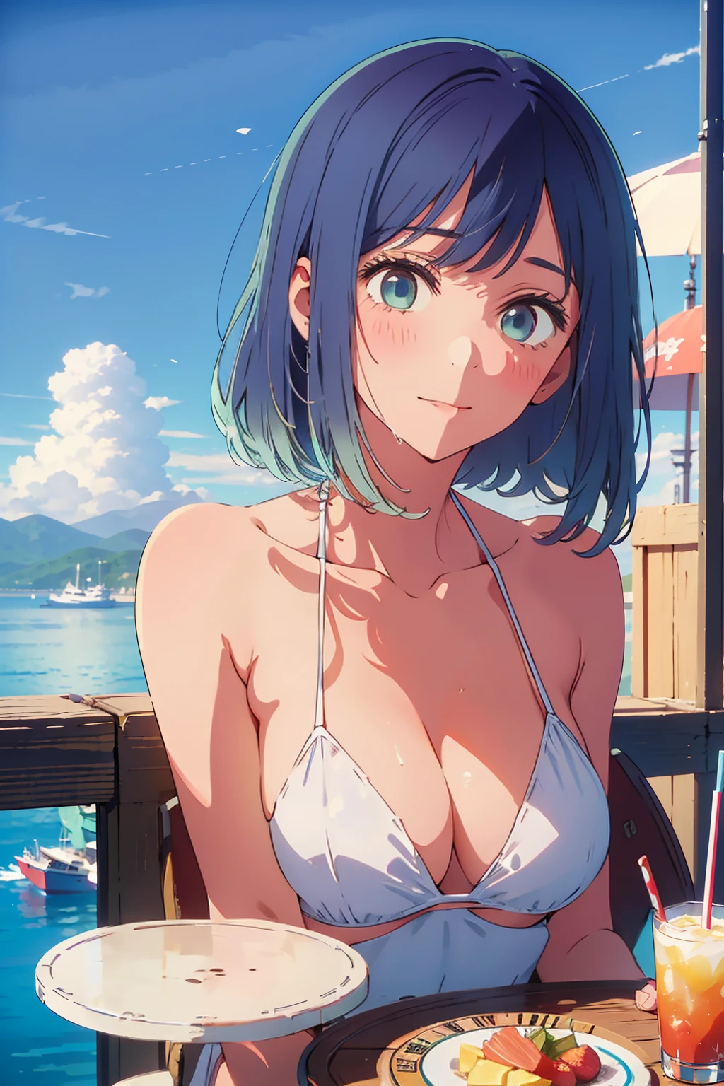 (Highest quality:1.4、8K:1.4、detailed)、F cup bust、Big Breasts、Slim body、Very white beautiful skin、((((1 person、Surprised expression、sit、Chair、In the background are the urban buildings of Tokyo、looking at the camera、Outdoor café terrace、coastal、Navy hair color、juice、Shooting up close、table、Very cute face))))、((((nude、Areola))))、(One hand touching cheek pose:1.4)、Nipples、Very blue sky、A completely cloudless sky