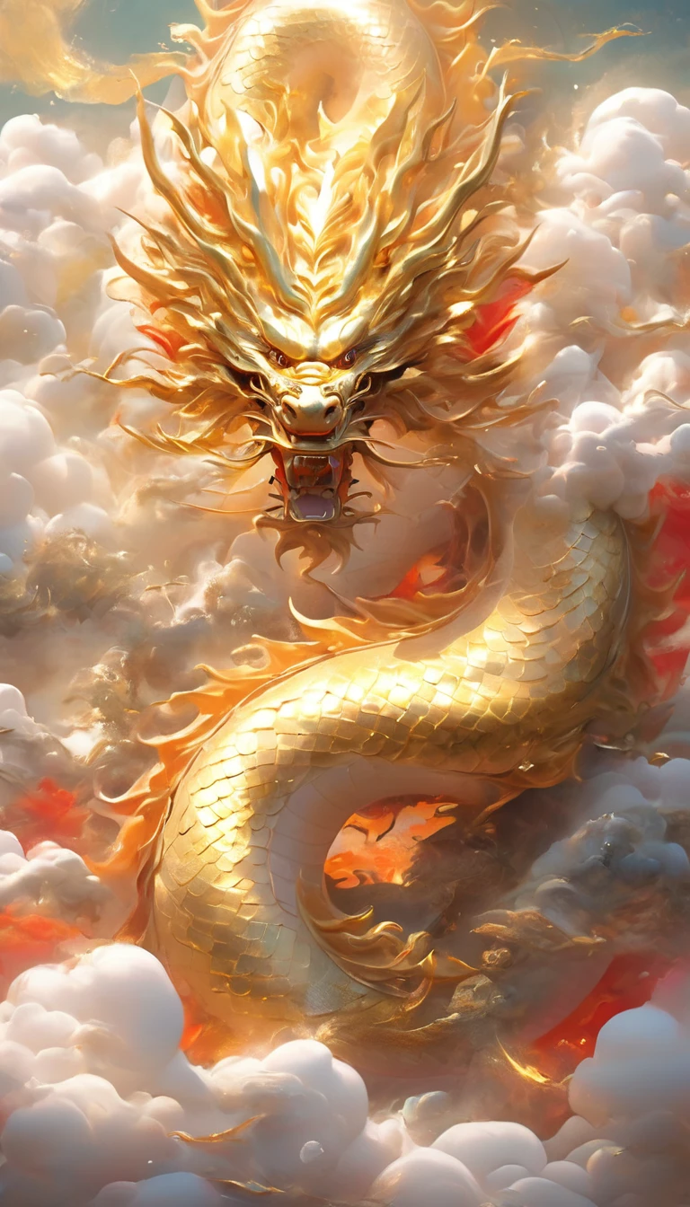 A dragon rises from the sea of clouds、Carrying great happiness、A giant gold and red body、High detail、high resolution、High color rendering、High resolution、Surreal、Realistic