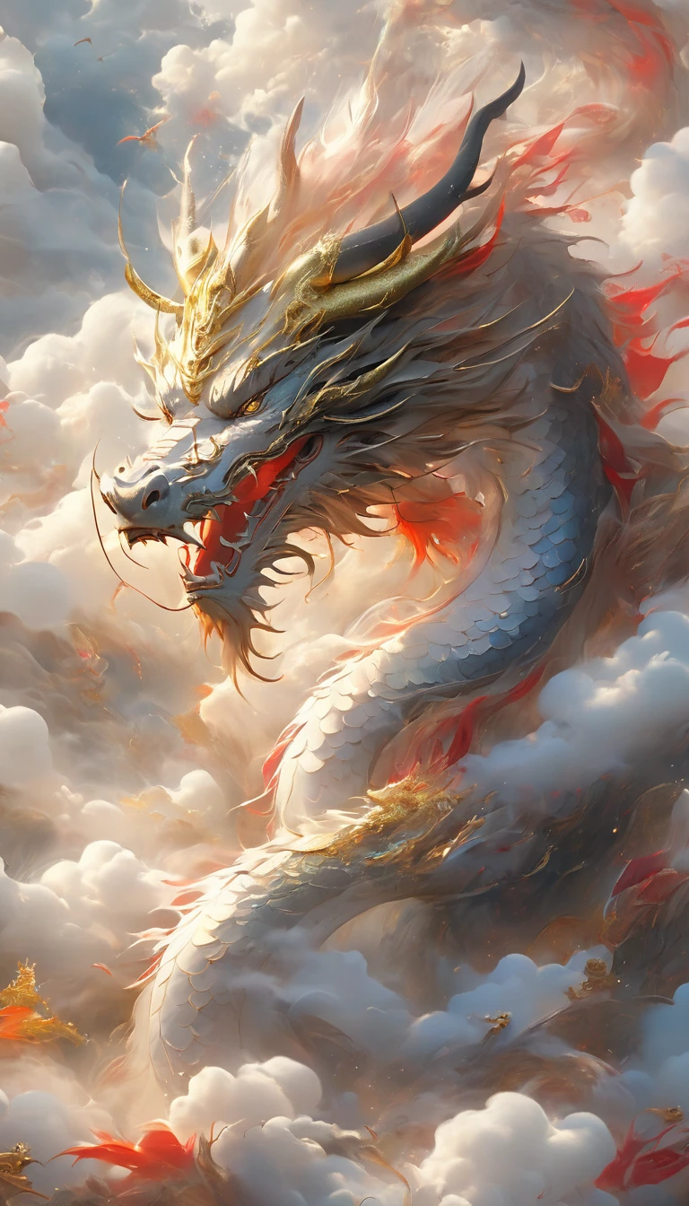 A dragon rises from the sea of clouds、Carrying great happiness、A giant gold and red body、High detail、high resolution、High color rendering、High resolution、Surreal、Realistic