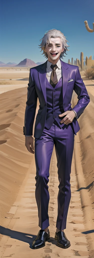 Portrait of a man in his 40s、standing、silver hair、the joker、purple dress , smile open mouth , Long body、 full body、(desert:1.5)、
