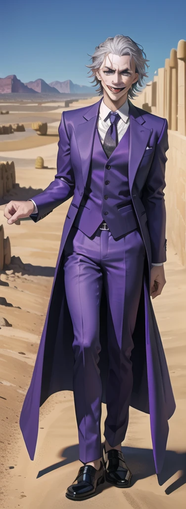 Portrait of a man in his 40s、standing、silver hair、the joker、purple dress , smile open mouth , Long body、 full body、(desert:1.5)、