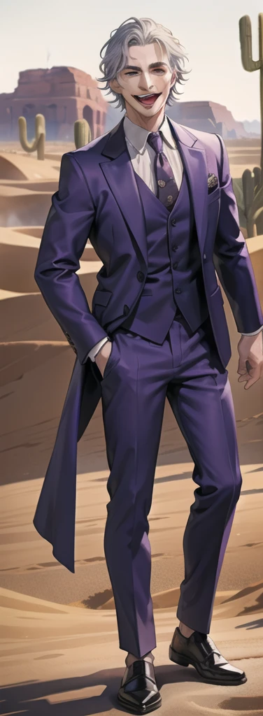 Portrait of a man in his 40s、standing、silver hair、the joker、purple dress , smile open mouth , Long body、 full body、(desert:1.5)、