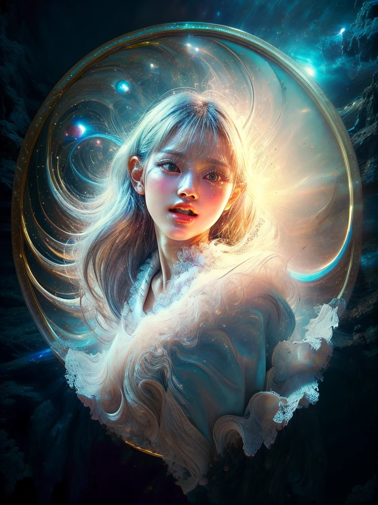 4K Ultra HD, masterpiece, A girl with a magical aura, Nice face, Long Hair, Shiny Hair, Fine grain, Glossy lips, Nude 1.5, Aura around the body, Magical Effects, Spreading white light, Cosmic elements and ethereal atmosphere, A mix of bright lights and colorful nebulae, Space Background,, Full Body Capture.(((Whitening 1.5)))、Silver Hair、(((Wearing white cloth 1.5)))、Hair and fabric fluttering in the wind、、Full Body Shot、Open your mouth、(((1.5)))、