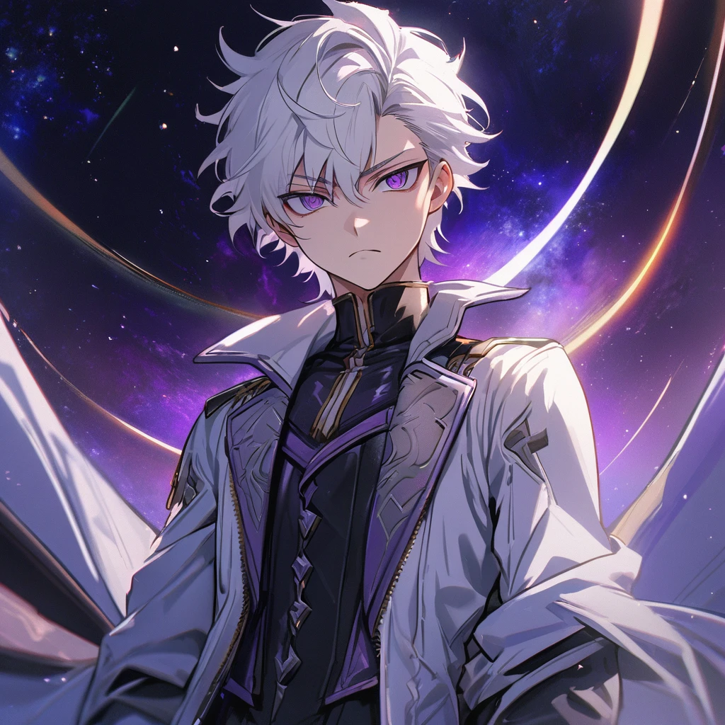 High quality, HD, 4k, handsome male, 1male, s old, teenager, golden lining, short white hair, sharp eyes, dark purple eyes, deep purple eyes, devil may cry, close up, calm expression, stoic expression, black leather clothes, white leather clothing, lean body, upper body, looking at viewer, cowboy shot, white solar, space background