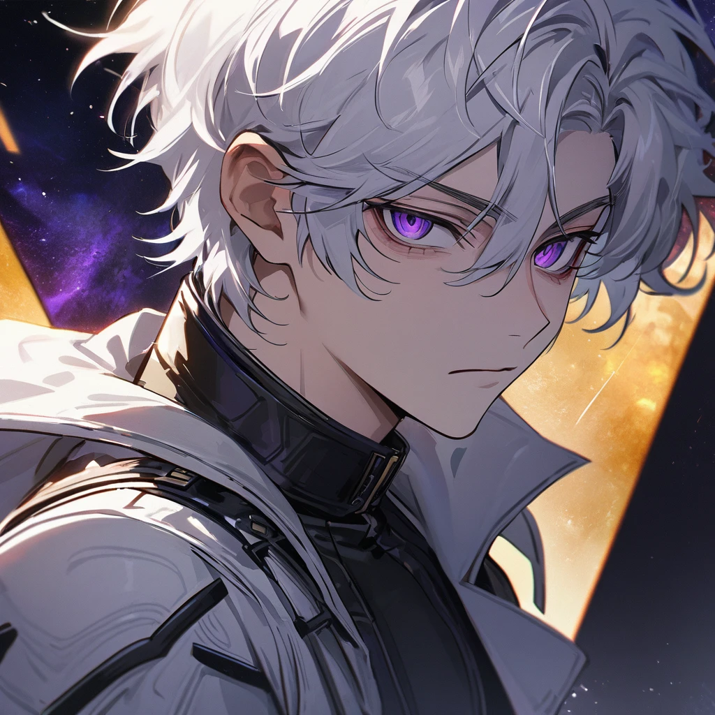 High quality, HD, 4k, handsome male, 1male, 17 years old, teenager, golden lining, short white hair, sharp eyes, dark purple eyes, deep purple eyes, devil may cry, close up, calm expression, stoic expression, black leather clothes, white leather clothing, lean body, upper body, looking at viewer, cowboy shot, white solar, space background