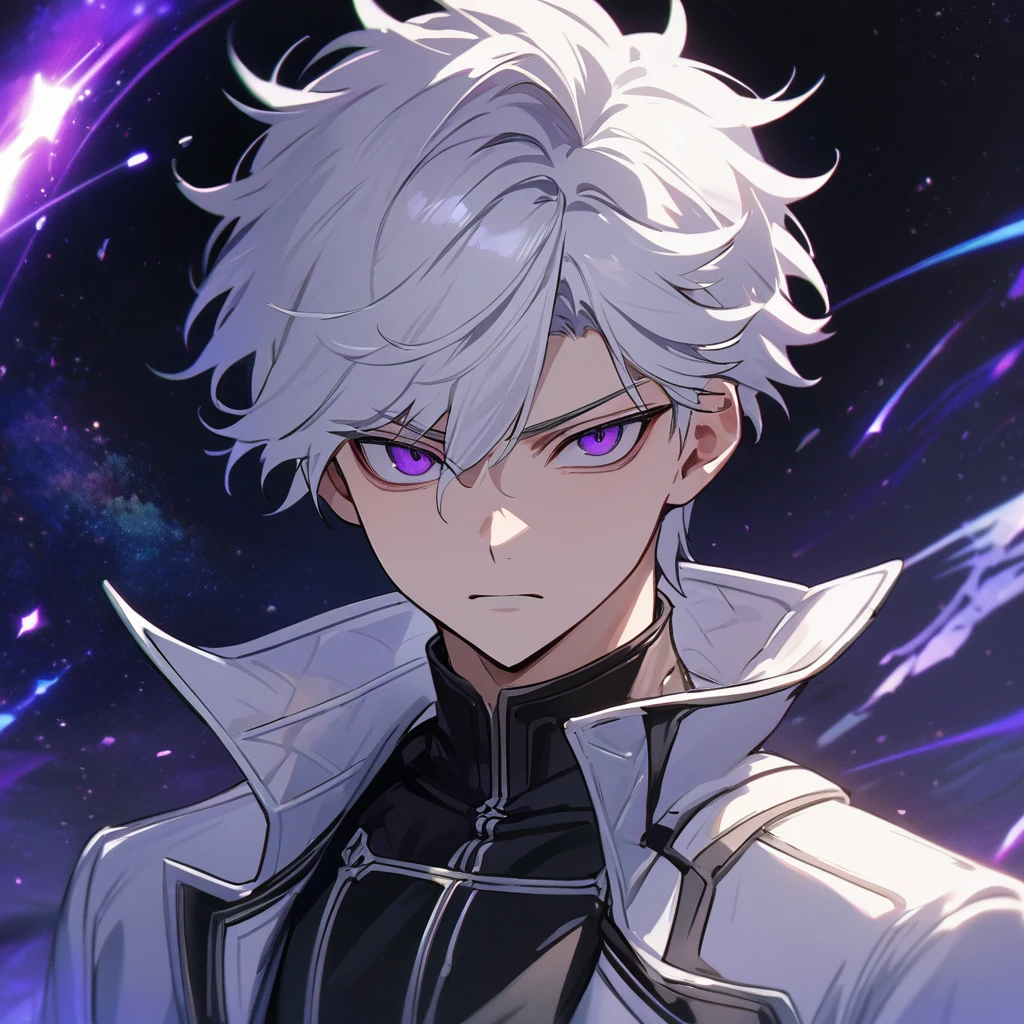 High quality, HD, 4k, handsome male, 1male, 17 years old, teenager, golden lining, short white hair, sharp eyes, dark purple eyes, deep purple eyes, devil may cry, close up, calm expression, stoic expression, black leather clothes, white leather clothing, lean body, upper body, looking at viewer, cowboy shot, white solar, space background