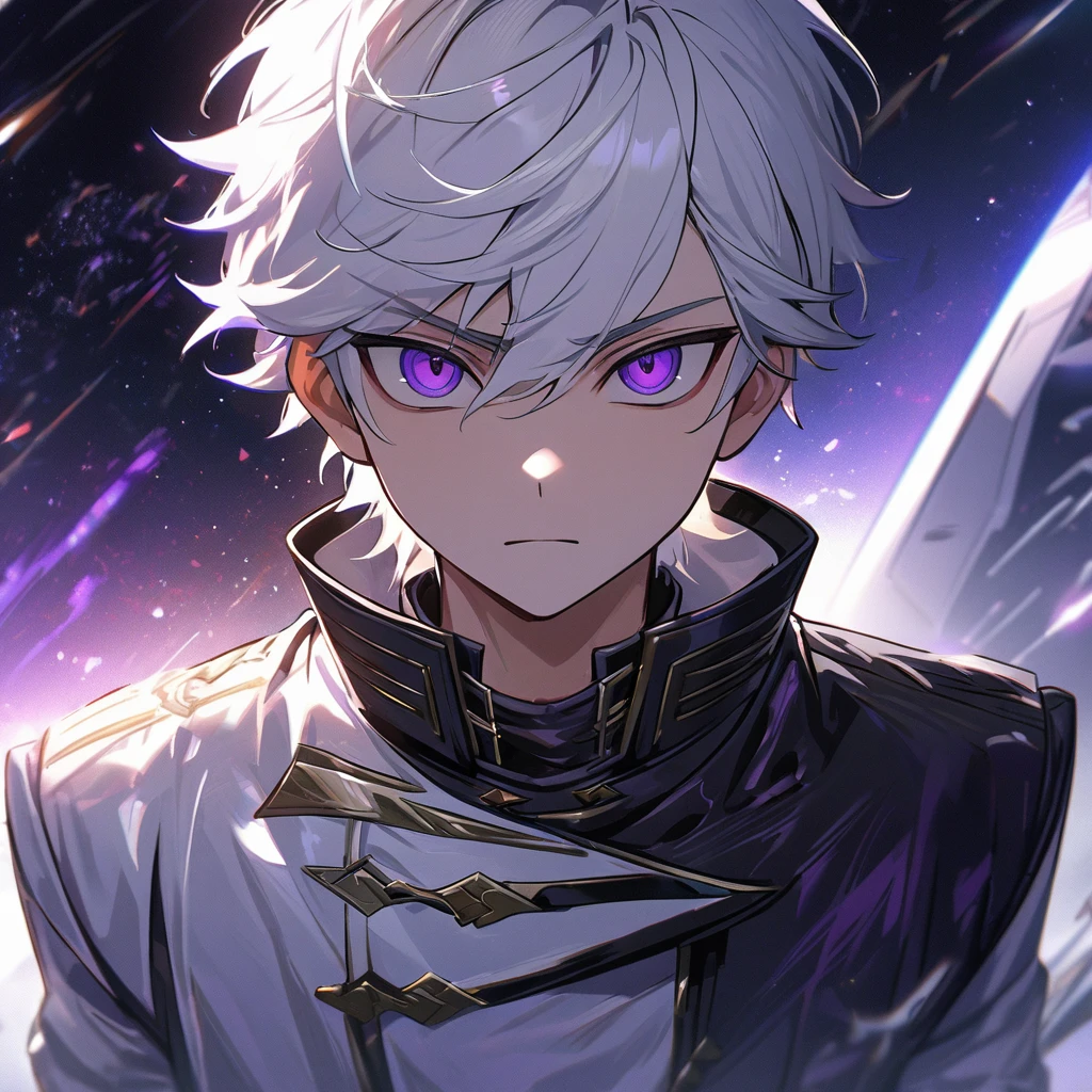 High quality, HD, 4k, handsome male, 1male, 17 years old, teenager, golden lining, short white hair, sharp eyes, dark purple eyes, deep purple eyes, devil may cry, close up, calm expression, stoic expression, black leather clothes, white leather clothing, lean body, upper body, looking at viewer, cowboy shot, white solar, space background
