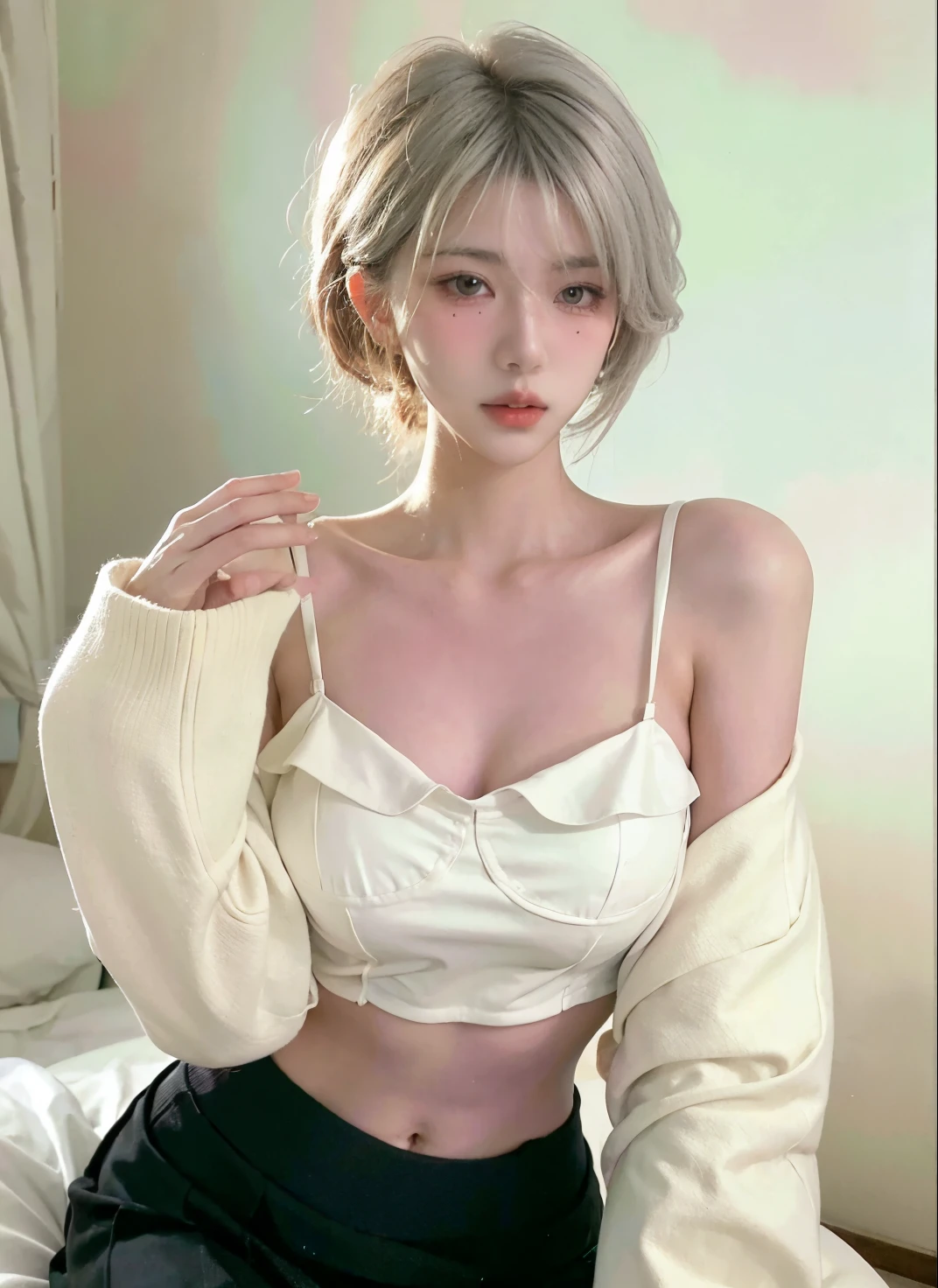 Beautiful woman with perfect figure:1.4，Ultra-high resolution，White background，（lifelike：1.4），Layered Hairstyle，White skin，Prominent cleavage，Bikini:1.5，Super short pleated skirt，whole body，Very delicate face and skin texture，Double eyelids，Skin Whitening，short hair，White hair