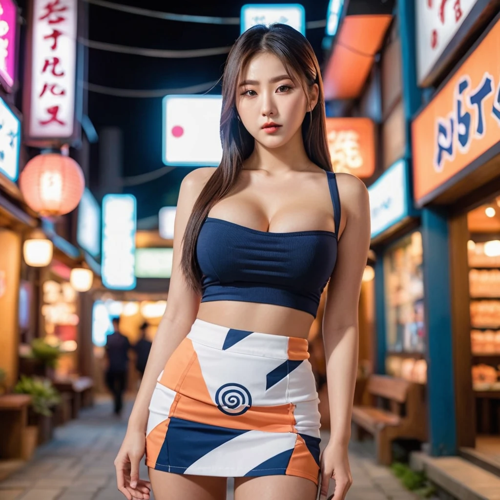 A young 18 year old korean women with massive boob in naruto contume with mini skirt, photorealistic,cinematic, high resolution, dynamic pose, natural liting, realistic, hot sexy pose