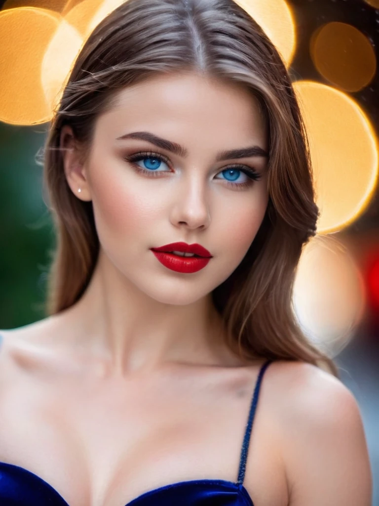 Gorgeus Girl, Beautiful, , 20 Years Old, (nude) White Skin, Beside, Sexy Pose, nude, Blue Eye, Muscles, red lipstick (wet glossy), Bokeh, Modern Place Background, Masterpiece, Fullbody Shot