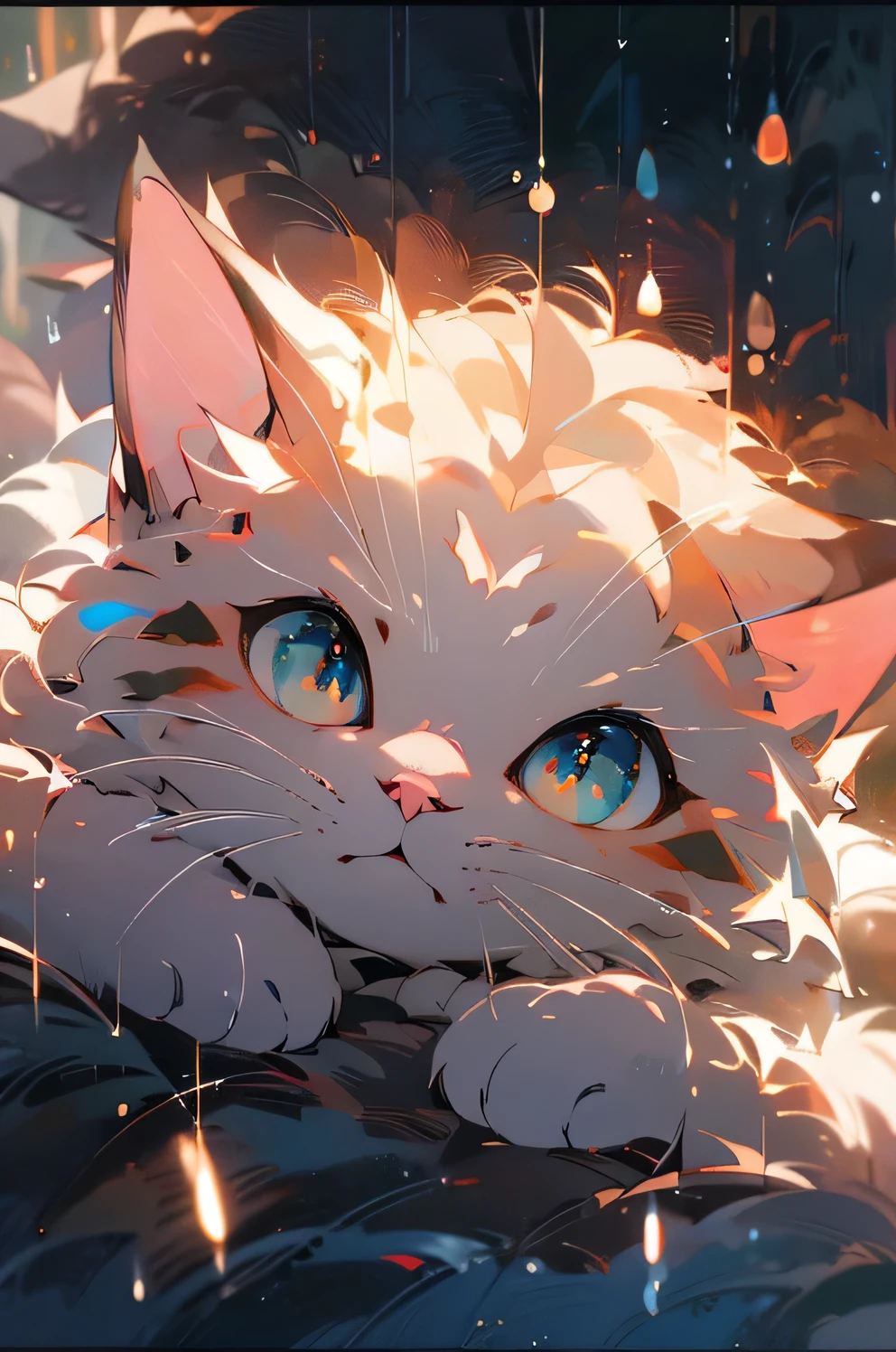 A cat sheltering from the rain, beautiful detailed eyes, beautiful detailed lips, extremely detailed eyes and face, long eyelashes, cat curled up, close up portrait, lush green foliage, rain droplets, (best quality,4k,8k,highres,masterpiece:1.2),ultra-detailed,(realistic,photorealistic,photo-realistic:1.37),HDR,UHD,studio lighting,ultra-fine painting,sharp focus,physically-based rendering,extreme detail description,professional,vivid colors,bokeh,portrait,natural lighting,warm color tones