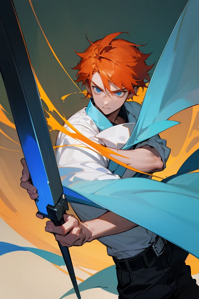 1 male, 26 year old, masculine, short orange hair, Attractive, White shirt, Rolled up sleeves, Black belt, Black pants, Beautiful blue eyes、beautiful hair、serious expression, Trending on ArtStation, 8K resolution, Highly detailed, Anatomically correct, Sharp Image, Digital Painting, Concept art, of the highest quality、forest background, holding a long blue long sword. Close up.