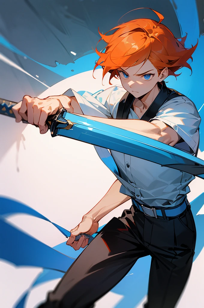 1 male, 26 year old, masculine, short orange hair, Attractive, White shirt, Rolled up sleeves, Black belt, Black pants, Beautiful blue eyes、beautiful hair、serious expression, Trending on ArtStation, 8K resolution, Highly detailed, Anatomically correct, Sharp Image, Digital Painting, Concept art, of the highest quality、forest background, holding a long blue long sword. Close up.