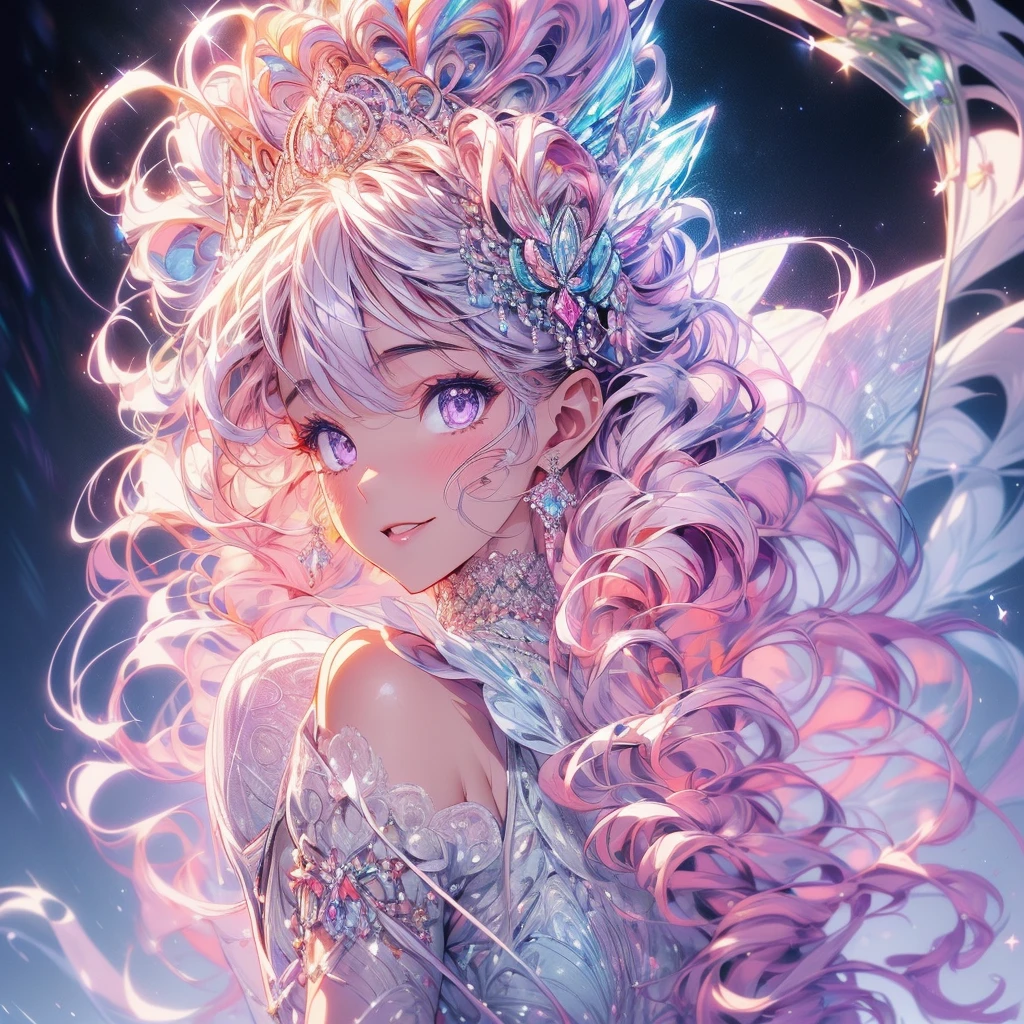 (highest quality, masterpiece, Very detailed, Very detailed, Exquisite, 16k,Full HD),A little closer,Dramatic lighting,pastel colour,moonlight, Soft lighting, ((alone:1.5)),From the side,Beautiful night sky,Starry Sky,meteor,From above,((head shot)),Wake up,Lots of flowers,The whole screen is surrounded by flowers.,(Crystal Forest),(Fairy Princess, Purple eyes, Long eyelashes,White skin,slim,pale pink plump lips,Pale pink cheeks, blonde,thin and long,(thin and high nose,Small Nose),(腰の少しFrom above巨大な妖精の羽),elegant,Flower Magic,Diamond Tiara,Diamond Earrings,Diamond Earrings,Diamond Choker,White ball gown dress with diamonds, Lace and frills,(Laughter), (Fantasy, Romantic atmosphere), magic lights,