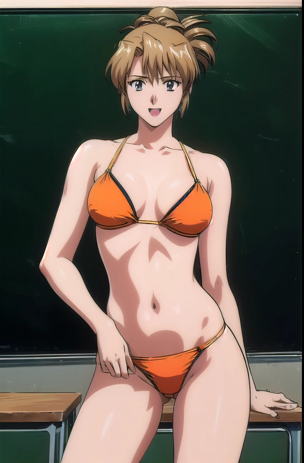 masterpiece, best quality, 1girl, looking at viewer, ultra detailed, cowboy shot, folded ponytail, teacher,  classroom, chalkboard, bright image, orange bikini, hot colors, very happy, medium breasts