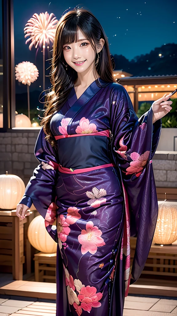 AIBeauty、Real Beauty、Fireworks display、狐耳Beautyのプロンプト、Night view、Heart patterned yukata、Show off your whole body